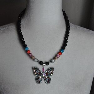 Black Beaded Butterfly Pendant Necklace